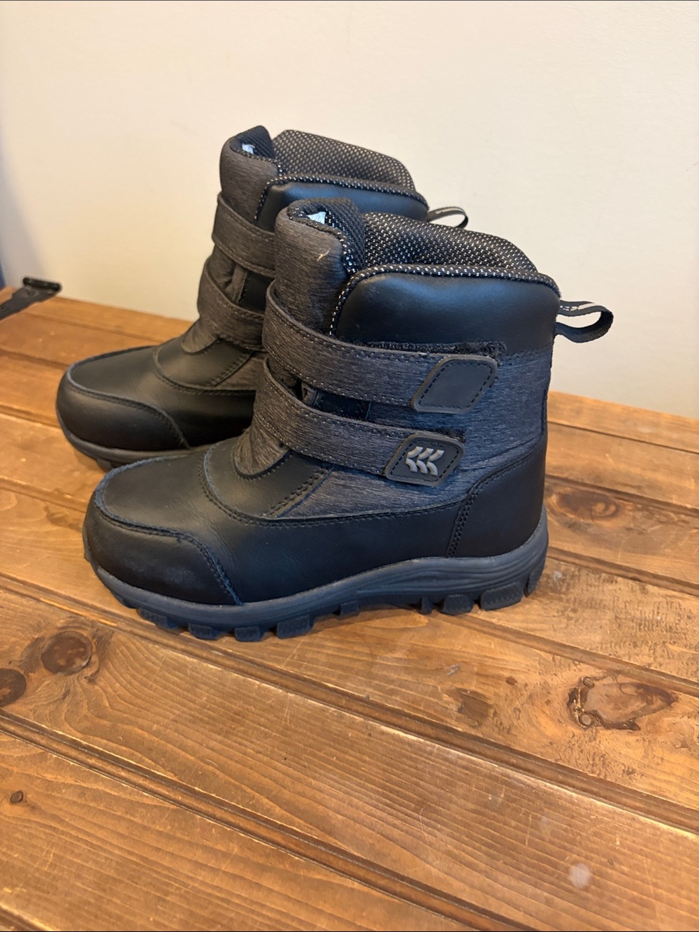 Kids Black Winter Boots with Hook-and-Loop Straps
